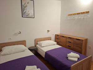 two beds in a room with purple and white sheets at Villa Frane in Kneževići +17 photos