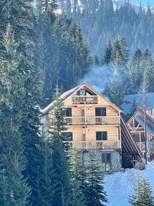 a large wooden house in the snow with trees at Alpine Lodge Bakhmaro in Chʼkhakoura
