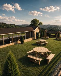 a picnic table and benches in the grass at Moon Valley Comarnic in Sinaia