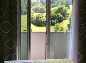 a window with a view of a green field at Villa Lika in Plitvička Jezera +38 photos