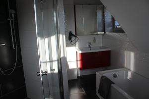 a bathroom with a sink and a toilet and a shower at Seestern in Dranske