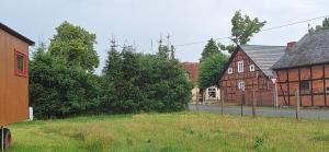 an empty street in a town with houses and trees at Tiny House An der Pferdekoppel in Groß Garz
