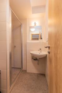 a bathroom with a sink and a mirror at Penzion Kopaninky in Bítov