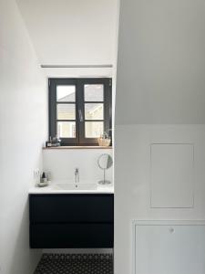 a bathroom with a sink and a window at Flösserhaus Steyr - Wohnen am Fluss in Steyr +20 photos