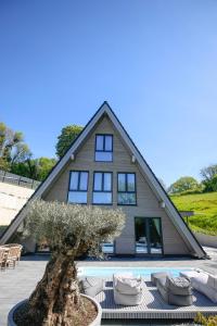 a house with a tree in front of it at Chalet NATURTRAUM in Runkel