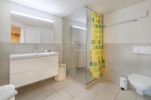 a bathroom with a sink and a shower and a toilet at Hasel in Interlaken +17 photos