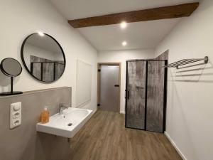 a bathroom with a sink and a shower with a mirror at JURAFLAIR Apartments in Lichtenfels