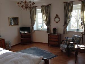 1 dormitorio con 1 cama, TV y 2 ventanas en Gasthof Mitter en Haag