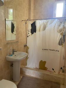 a bathroom with a sink and a shower curtain at HOTEL Vzmorye in Bosteri +6 photos