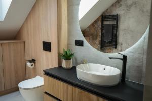 a bathroom with a sink and a mirror at Willa na wyłączność z jacuzzi - Willa Natura Anastazewo in Szydłowiec +64 photos