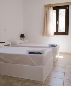 two beds in a white room with a window at Iliaxtida apartments II in Grámousa