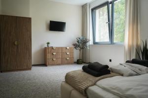 a bedroom with two beds and a television on the wall at Willa na wyłączność z jacuzzi - Willa Natura Anastazewo in Szydłowiec