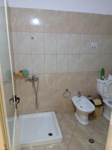 a bathroom with a shower and a toilet and a sink at Proper Apartment in Vlorë +51 photos