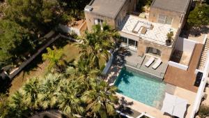 an aerial view of a house with a swimming pool and palm trees at The Homega Villa in Il-Madliena