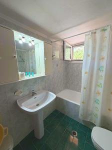a bathroom with a sink and a shower curtain at Irene Studios in Nydri +51 photos