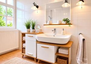 a bathroom with a sink and a mirror at Gästeliebling, Apartment Piepmäker mit Parkplatz und Terrasse, Bahnhof fußläufig in Goslar