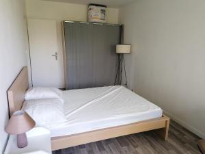 a bed in a small room with a gray door at Chambre dans colocation à Lormont proche Bordeaux in Lormont
