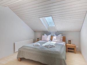 a bedroom with a large bed with a skylight at Mohn in Interlaken