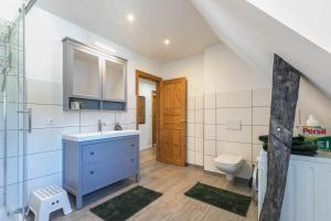 a bathroom with a blue sink and a toilet at Historischer Resthof in Hövede +20 photos
