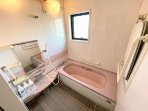 a bathroom with a pink tub and a mirror at あざみ庵 屋久島 in Yakushima