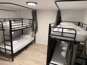 two bunk beds in a dorm room with white sheets at Daphne's Tropical Oasis Boutique Hostel in Hallandale Beach