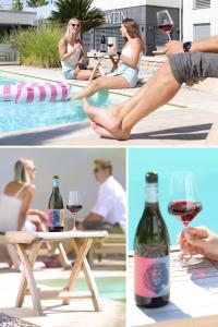 a collage of photos with wine bottles and people by a swimming pool at Ferienwohnung Königshofer in Neusiedl am See