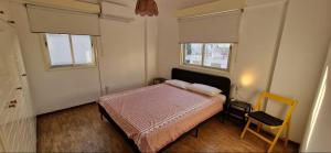 a small bedroom with a bed and two windows at Spacious Central Nicosia Flat - Quiet & SafeArea in Nicosia