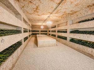 a empty wine cellar with a table and green seats at Domaine Le Clos de la Source - Spa - Petit déjeuner buffet - Atelier d'art in Montrichard