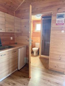 a small bathroom with a toilet and a sink at Zacisze Za Lasem in Jarosławiec +11 photos
