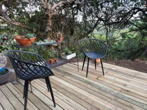 two chairs and a table with potted plants on a wooden deck at Dune Ridge Cottage in Port Alfred