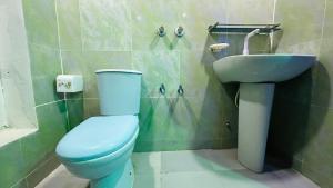 a bathroom with a blue toilet and a sink at Hotel Marvellen Inn Ltd in Dhaka +139 photos