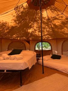 a tent with two beds and an umbrella at Agriturismo Barattis in Piombino +43 photos