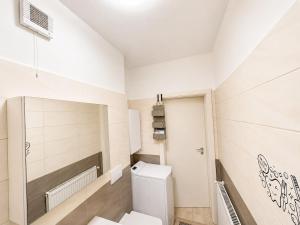 a white bathroom with a toilet in a room at Magda's Apartments in Braşov