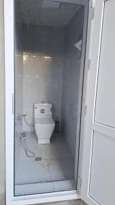 a bathroom with a toilet through a glass door at Old Rooms in Sheki