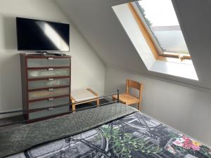 a bedroom with a bed and a tv and a chair at Homestay Bij de Heldinnen in Helden