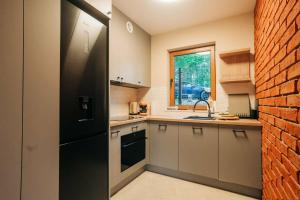 a kitchen with a black refrigerator and a window at Magiczne Roztocze in Koszele