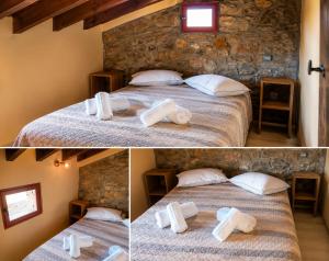 two pictures of a hotel room with two beds at Thetis Stone Residence in Volissos