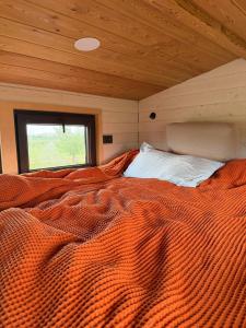 a large orange bed in a room with a window at Коворкинг-резорт ololoAkJol in Koshkolʼ