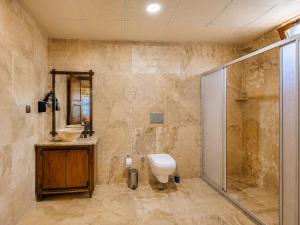 a bathroom with a toilet and a shower and a sink at Cappadocia Elite Stone House in Göreme +68 photos