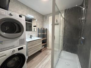 a bathroom with a washing machine and a sink at Appartement RDC Chalet à 300m du lac de Gérardmer in Gérardmer