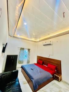 a bedroom with a large bed with red pillows at Hotel Jazz Suit Villa in Agra