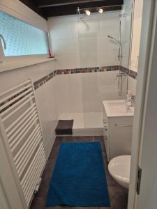a bathroom with a shower and a blue rug at Ferienwohnung Atelier in Siegsdorf