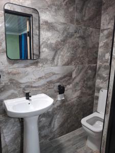 a bathroom with a sink and a mirror and a toilet at Jacaranda Bnb in Khayelitsha