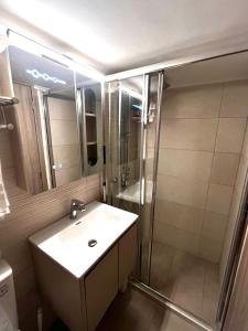a bathroom with a sink and a shower at Limanaki 1 in Chios