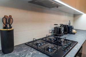 a kitchen with a stove top oven in a room at Ina's Lake Garden, Como Lake in Lenno