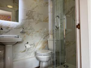 a bathroom with a toilet and a sink and a shower at Whichcote Arms Hotel in Sleaford