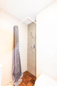 a shower in a bathroom with a shower curtain at Apartment Pasarela in Gajac +21 photos