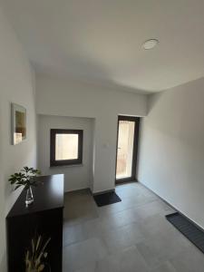 a living room with white walls and a black counter at Apartma OLJKA in Črniče