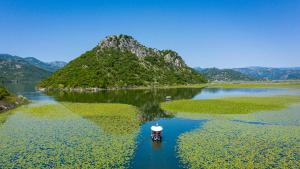 a small boat in the middle of a river at Sunrise Skadar lake in Braćeni