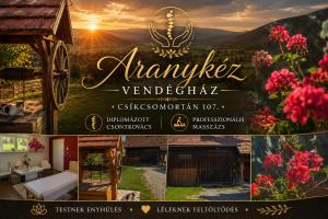 a collage of photos of a sign for a villa at Aranykéz vendégház in Şoimeni +3 photos